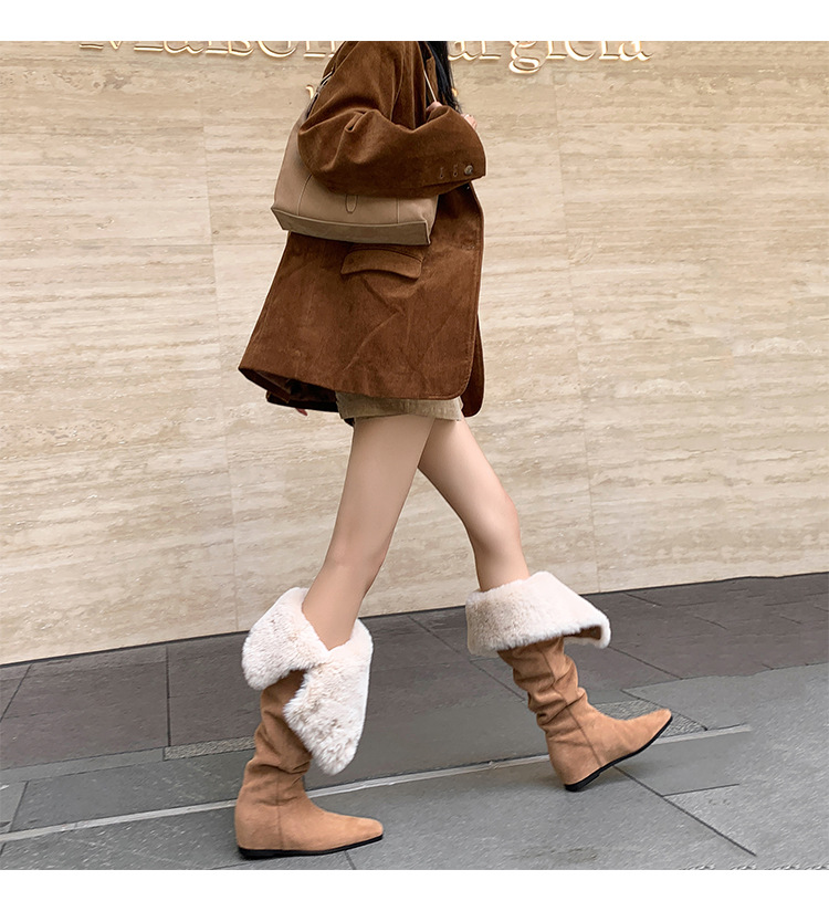 Boot tuyết nữ cổ cao ôm chân, lót lông dày, gót wedge nâng chiều cao, hai kiểu mang — màu xám chi tiết 19