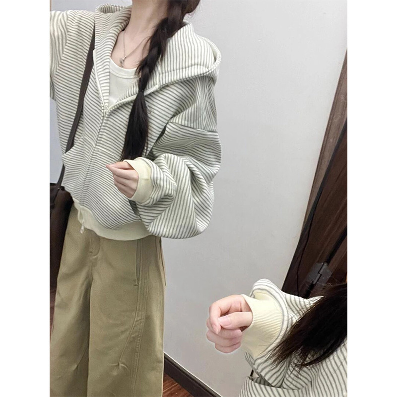 Imitation Cotton Composite Striped Hooded Sweatshirt Jacket for Women, Autumn and Winter 2026 New Style Cardigan Top, Korean Chic