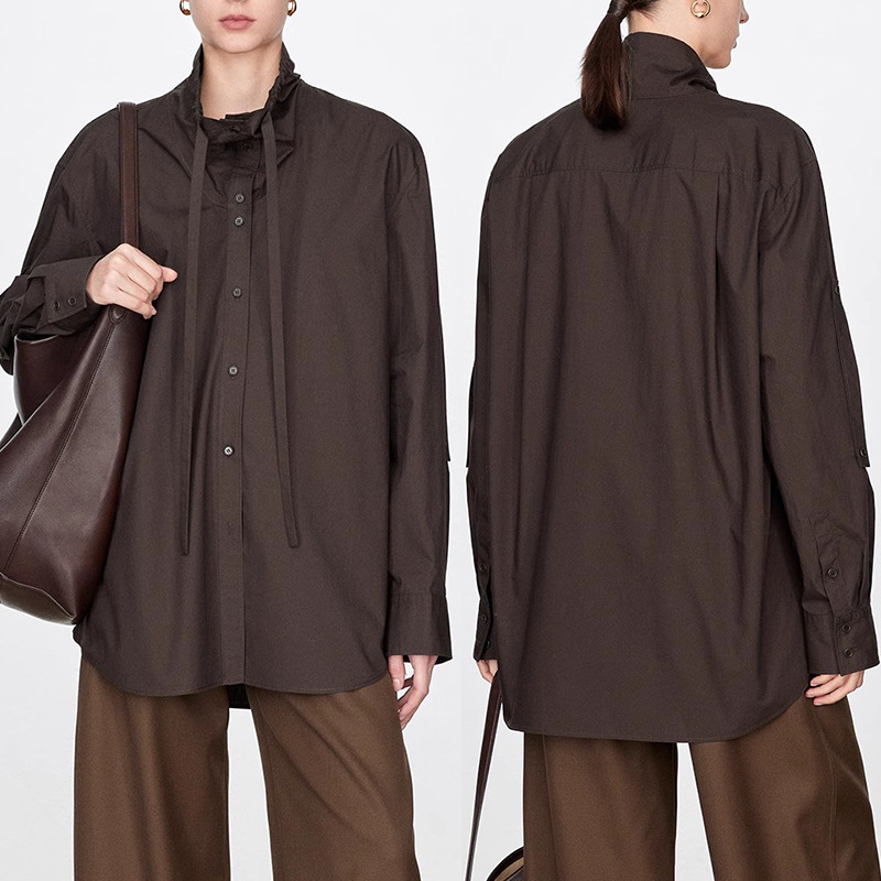 Spring New ins blogger same style ROW soft fog paper long-staple cotton modeling can wear drawstring free collar shirt