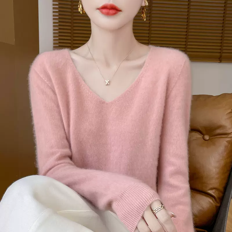秋冬新款一线成衣女士全羊毛衫纯色打底V领套头针织打底百搭毛衣