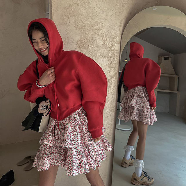 2026 Spring/Autumn New Korean Style High-Waisted Hooded Zipper Solid Color Short Pure Cotton Casual Sports Cardigan Sweatshirt for Women