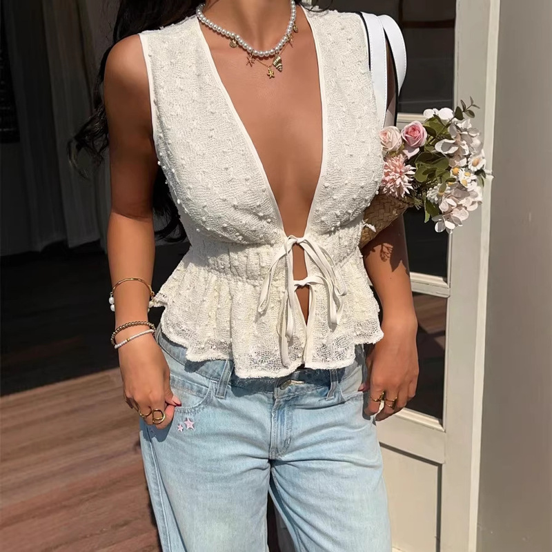 European and American Cross-Border French-Style Women's Casual Elegant Solid Color V-Neck Textured Front-Tie Ruffle Hem Sleeveless Top European and American Cross-Border French-Style Women's Casual Elegant Solid Color V-Neck Textured Front-Tie Ruffle Hem Sleeveless Top