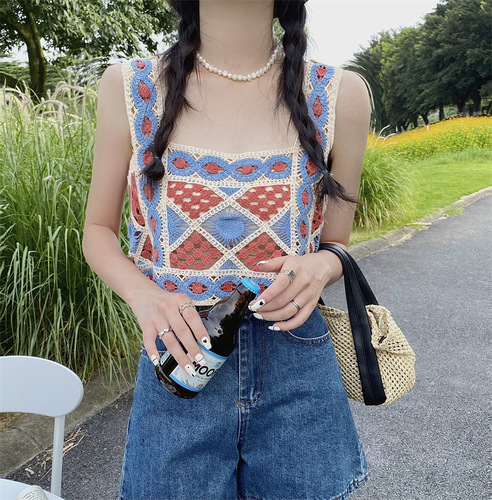 Bohemian ethnic small suspender vest embroidered hollow knitted short inner wear women's sleeveless top new style