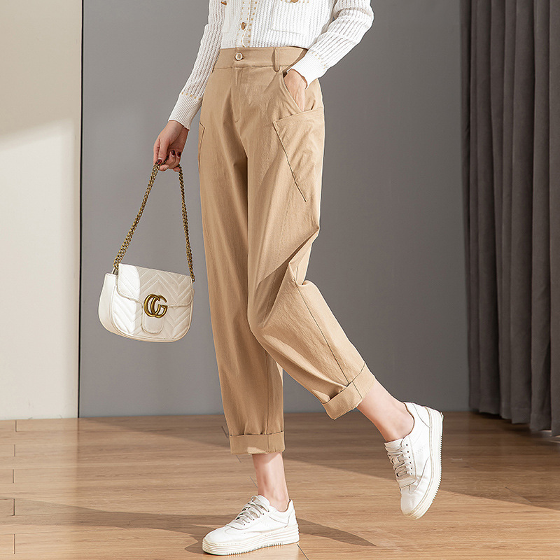 Quần chuối nữ ống rộng dáng thon gọn, cạp cao, chất cotton giặt thường, phong cách cổ điển — Màu Kaki