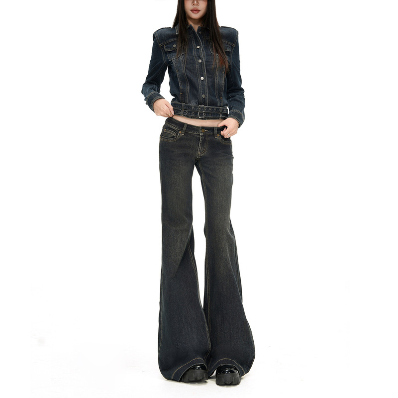 Vintage blue distressed wash double-belt slim-fit short jacket, 2026 autumn new low-rise straight-leg flared jeans Vintage blue distressed wash double-belt slim-fit short jacket, 2026 autumn new low-rise straight-leg flared jeans