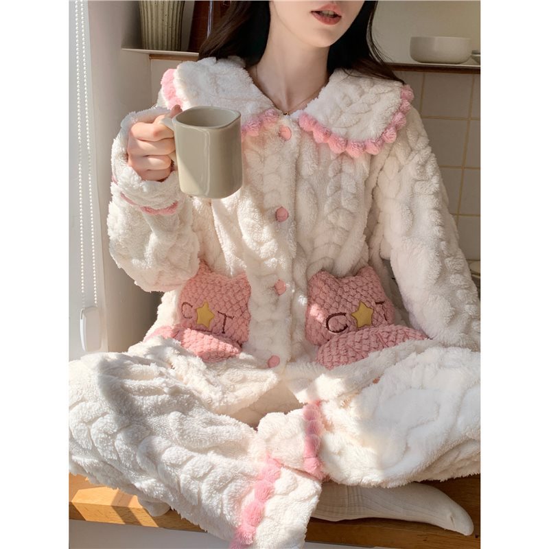 睡衣女秋冬季珊瑚绒加厚甜美可爱娃娃领开衫口袋家居服可外穿套装|undefined