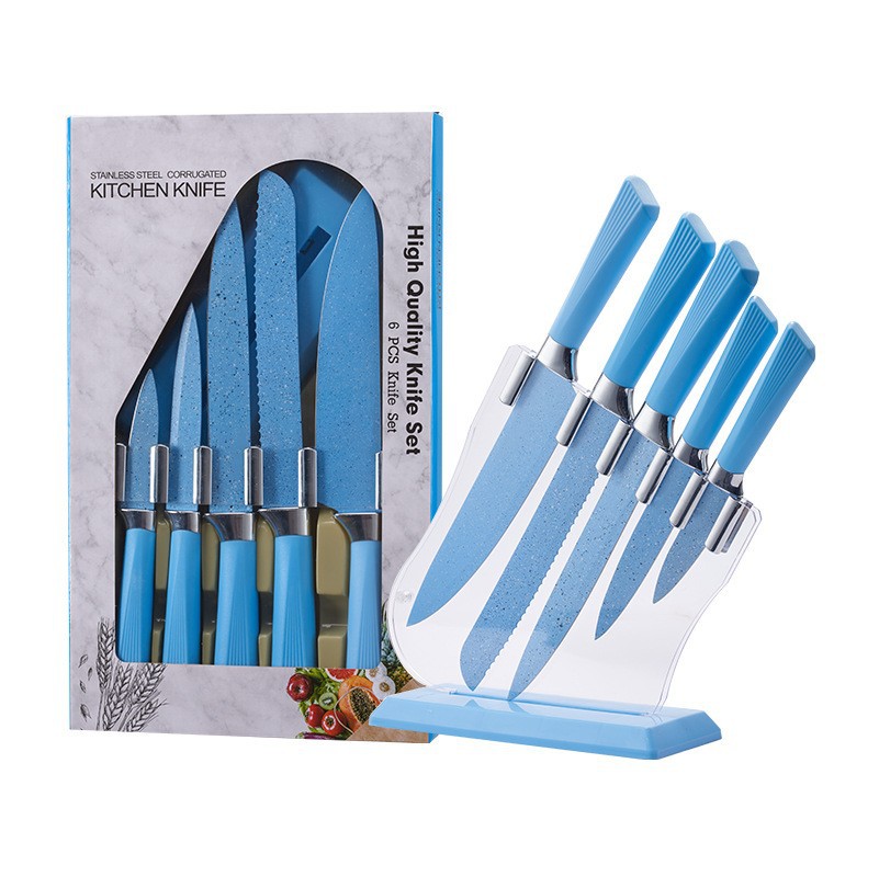 Inventario al por mayor nuevo acero inoxidable pulverización rosa diamante manija viejas seis piezas cuchillo conjunto de herramientas de cocina