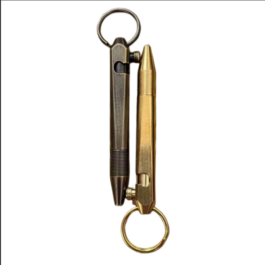 High-end brass pocket-sized bolt-action mini ballpoint pen with keychain holder, suitable for business trips and precise writing