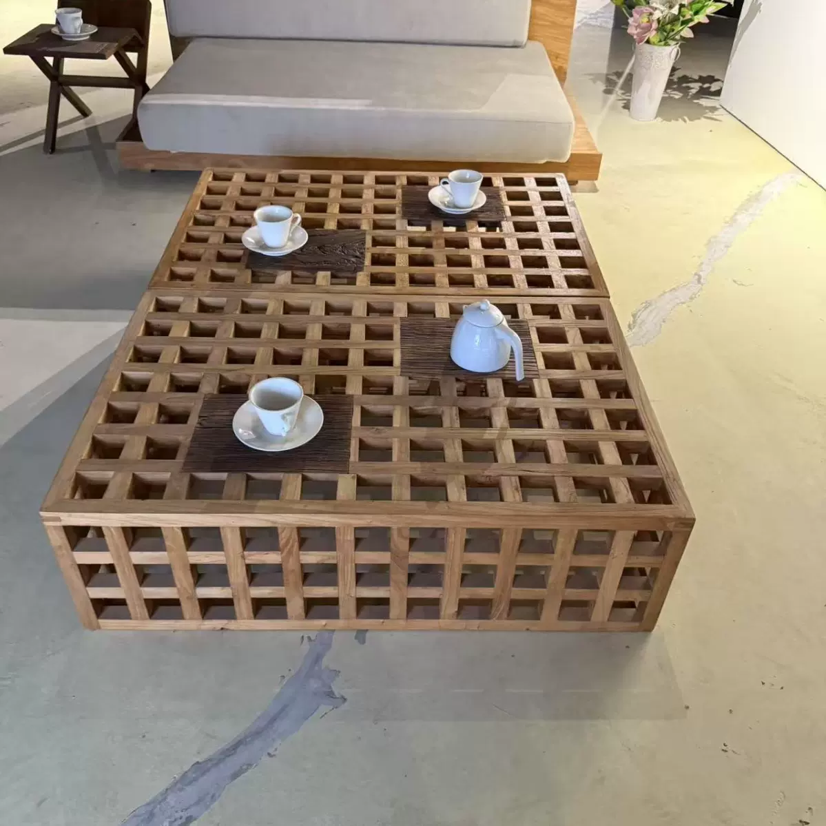 老榆木方格茶桌创意镂空设计餐厅客厅摆放北欧风茶几实木简约台桌