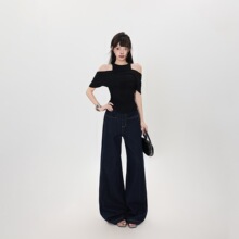 美式黑色露肩热辣辣妹短款t恤女夏设计感小众修身短袖上衣新款夏