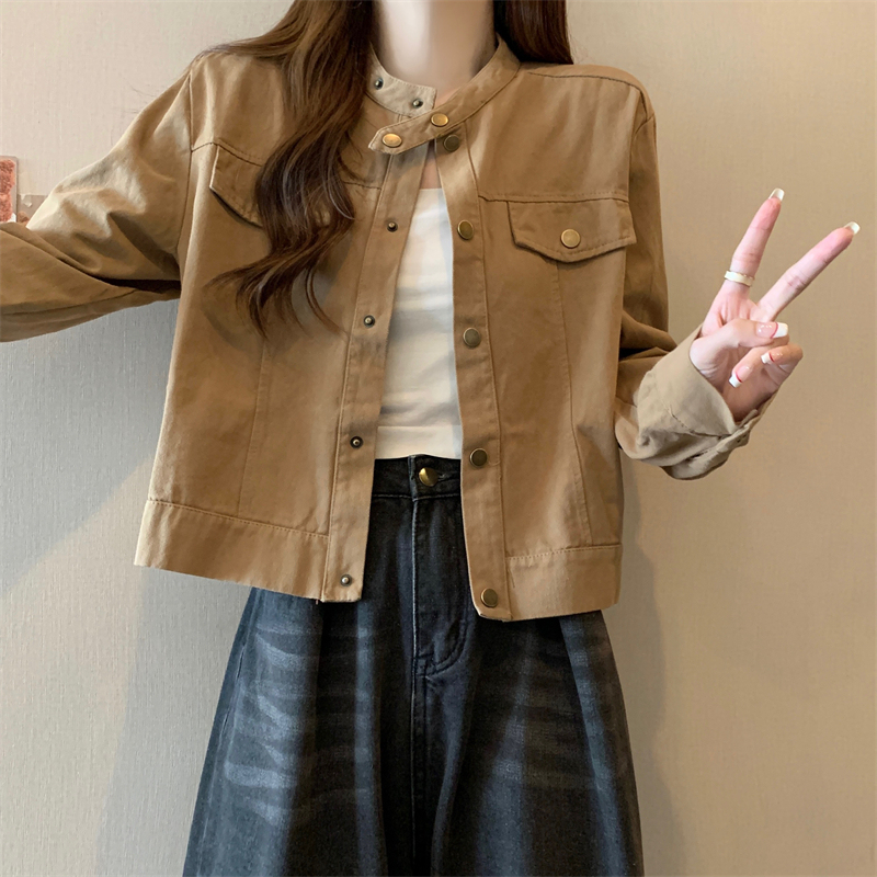 大码胖mm美式立领夹克外套女春季2025新款工装风正肩短款上衣|undefined