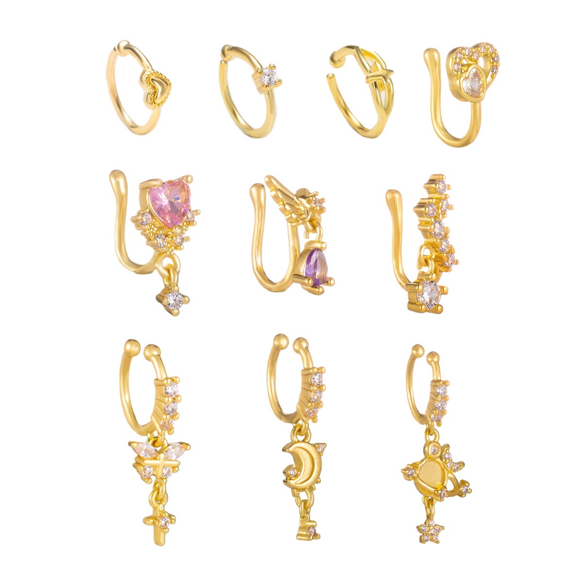 European and American Hot-Selling Sweet and Elegant Copper Zircon Heart-Shaped U-Shaped Nose Clip Body Piercing No-Piercing Nose Stud Women's Jewelry Wholesale