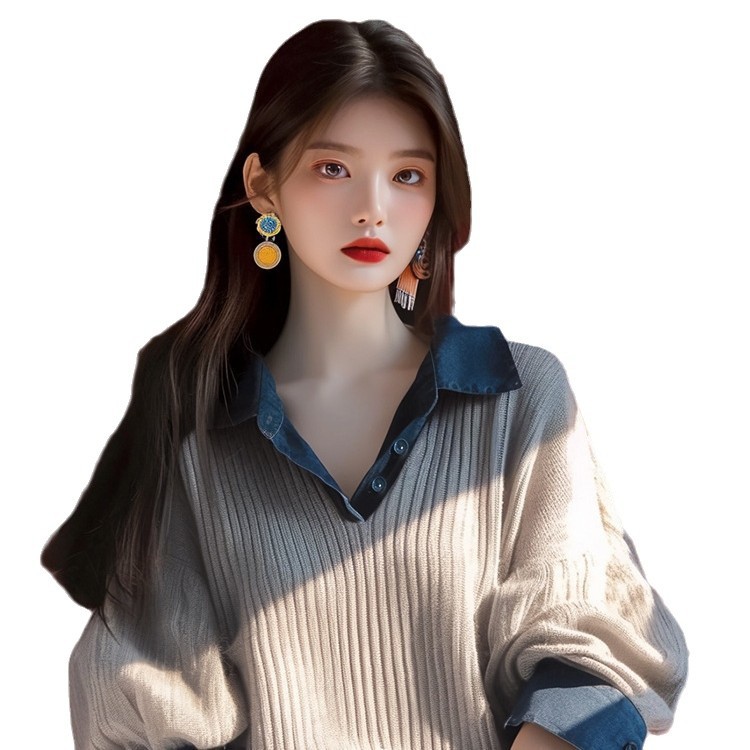 2026年秋の新作、個性的で上品な西洋風のゆったりとしたスタイルのグレーのフェイクツーピースニットトップス