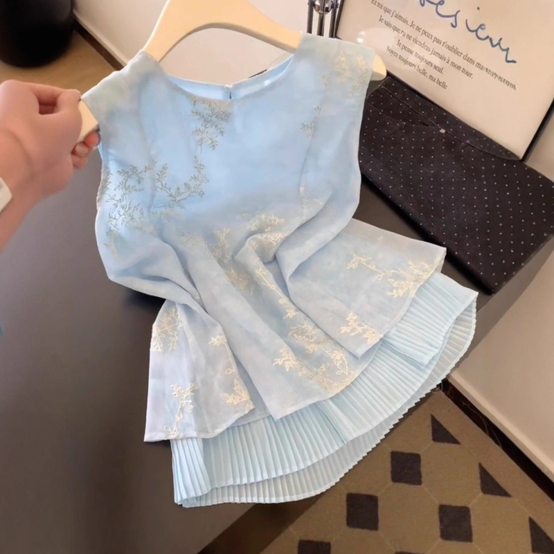 New Chinese Style Light Versatile Embroidered Sleeveless Shirt Summer Tea Style Chic Top Pleated Ruffled Babydoll Shirt