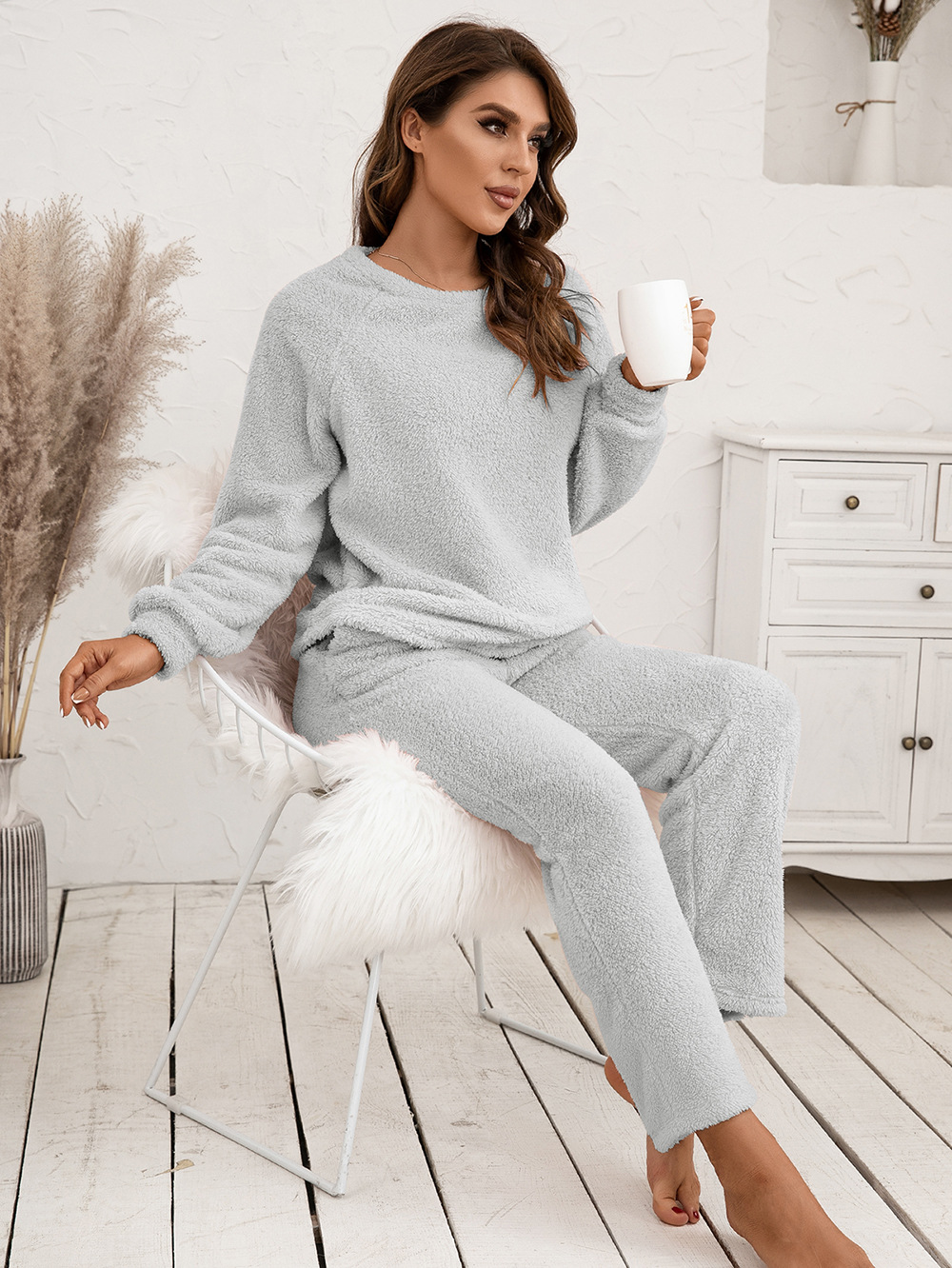 solid color loose double-sided plush hooded sweatshirt and pants two-piece homewear set NSYBL136700