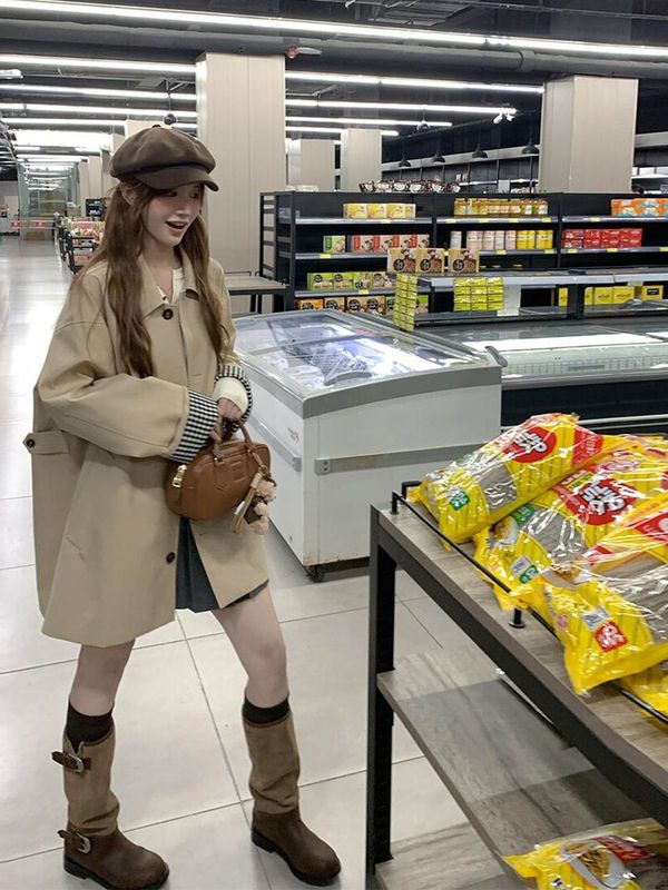 格子风衣外套女2025春新款中长款高级感小个子英伦风休闲大衣外套|undefined
