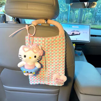 Creative car tissue box with a high-end feel, cute KT cat car tissue hanging bag, in-car tissue box hanging decoration for women (Car tissue box/set) - pink-bowktpink-tissue-hanging-bag