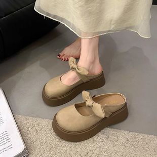 French Bow Toe Half Slippers for Women's Outer Wear 2025 New Spring and Summer Thick Soles with Skirts Mary Jane Sandals