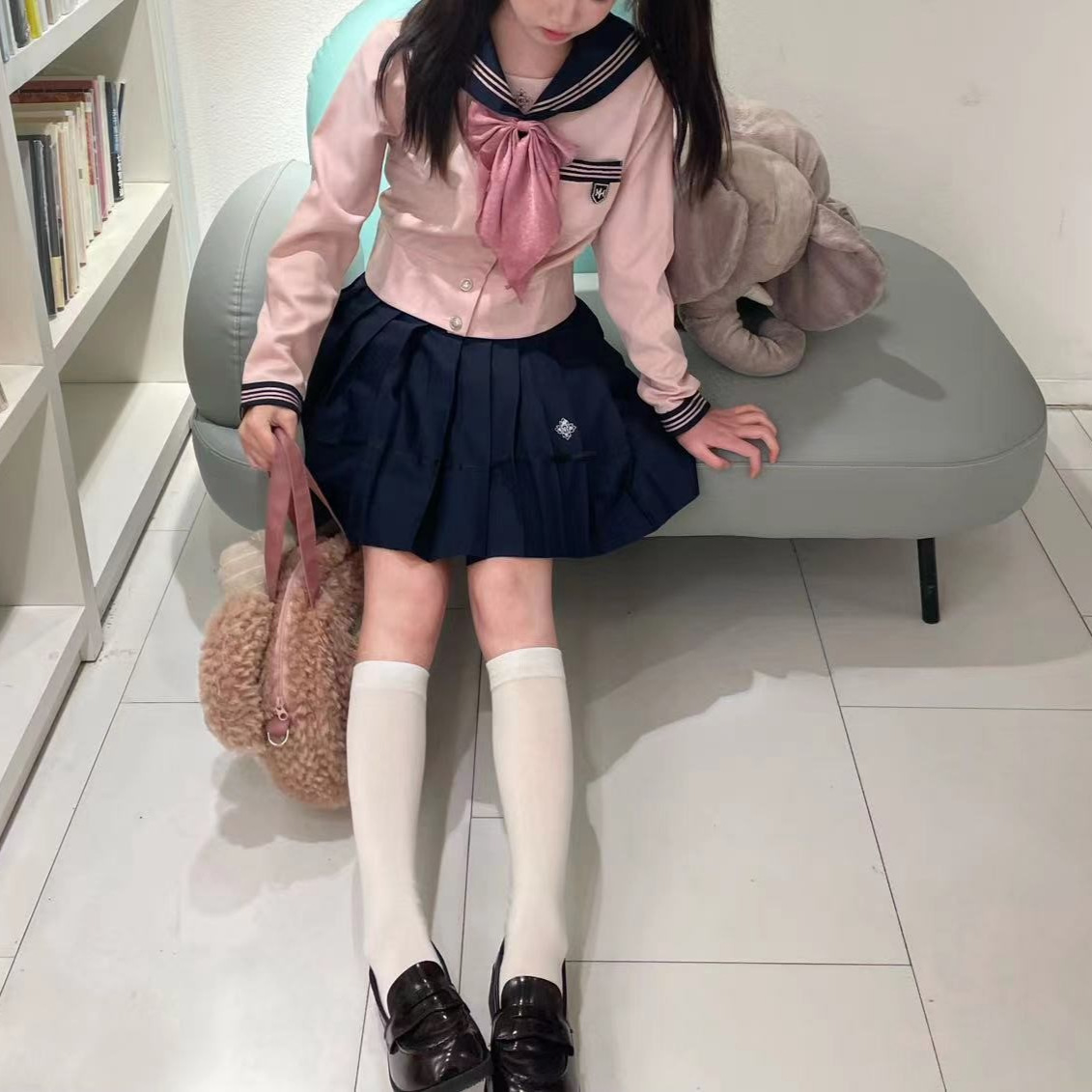 대학 스타일 세트 해군 칼라 활 우아한 달콤한 셔츠 여자의 JK 유니폼 높은 허리 주름 치마 투피스 세트