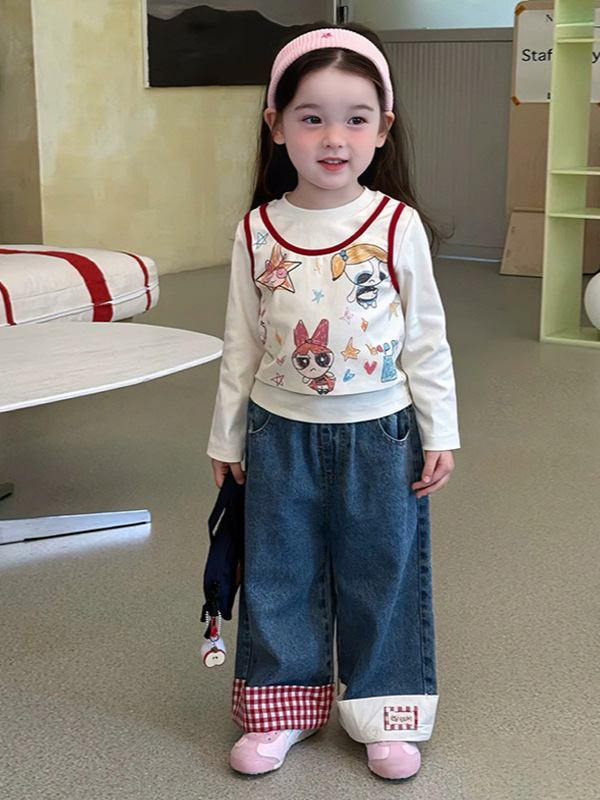 2025女童秋款飞天小女警假两件上衣卷边裤套装|undefined