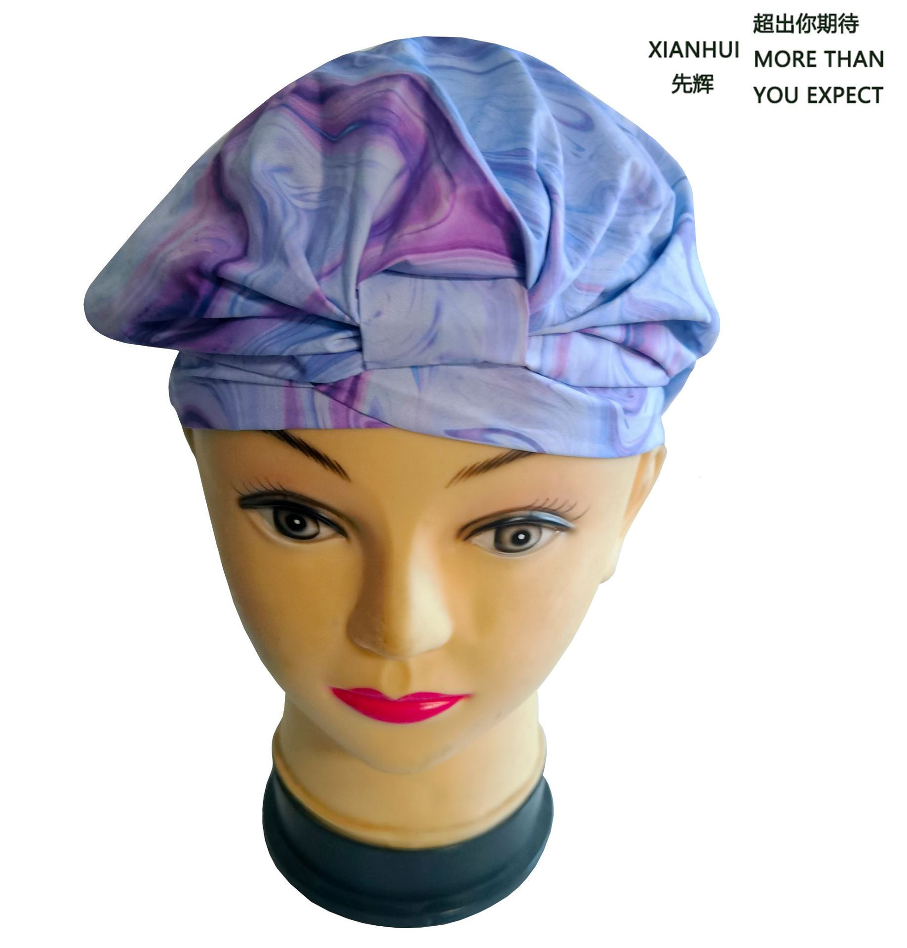 先辉弹性快干春亚纺浴帽 紫花印刷蝴蝶结防油烟帽 环保防水洗澡帽