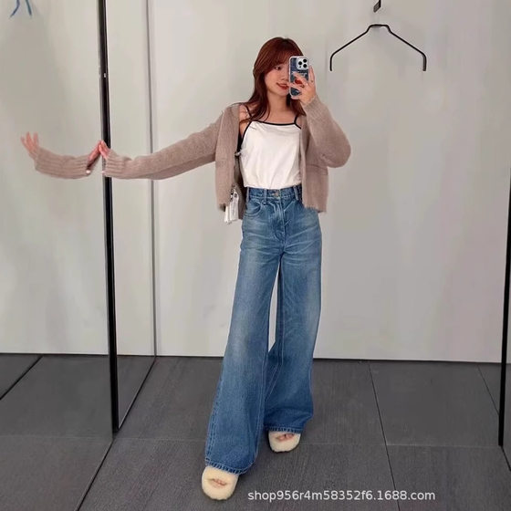 Spring 2025 New CE Straight Wash Jeans Women's High Waist Slimming Wide Leg Blue Long Pants