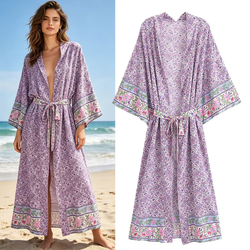 Saw Aliexpress Independent Site Cotton Rayon Watermark Print Tassel Long Tie Kimono Autumn Long Dress