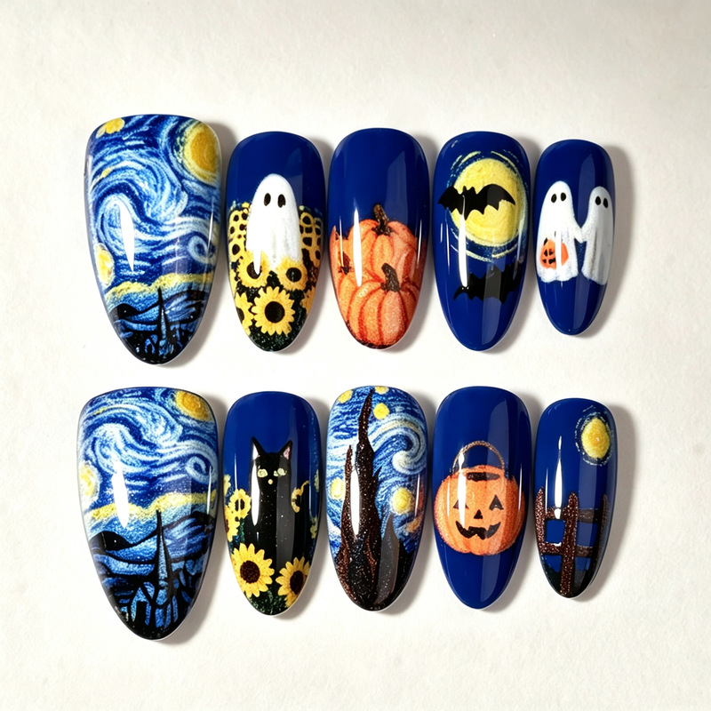 Starry Night Oil Painting Halloween Cat Eye Press-On Nails Ghost Pumpkin Bat Almond Nails Handmade Pre-made Nails Wholesale Starry Night Oil Painting Halloween Cat Eye Press-On Nails Ghost Pumpkin Bat Almond Nails Handmade Pre-made Nails Wholesale