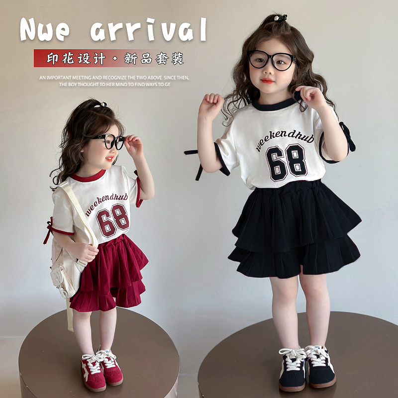 [48H Delivery] Two-Piece Girls Sports Suit Summer Kidsren's Style Cartoon Cake Skirt Suit for Small and Medium-Sized Kidsren