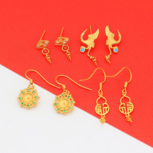diy饰品配件热卖古法沙金福字仙鹤 时尚高级感耳钉耳环耳钩配饰