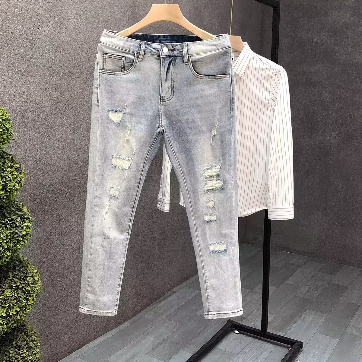 Men's Summer Thin Ripped Jeans Trendy Brand Slim Fit Korean Style Stretchy Casual Cropped Pants_mkmklike.com