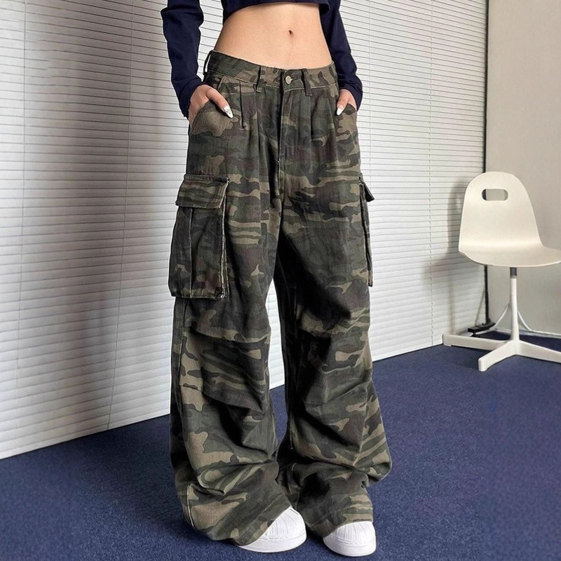 [Korean Beef] American High Street Workwear Wide-Leg Camouflage Jeans for Women Petite, Retro High-Waisted and Loose