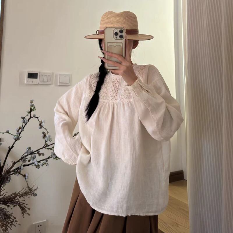 Spring New Women's Button Shirt Spring Soft Linen Fabric Lace Back Shell Button Shirt