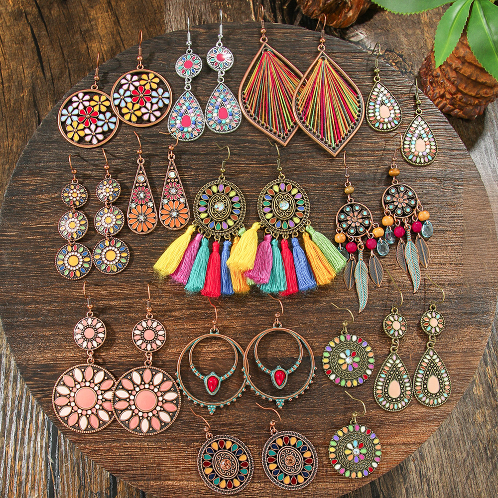 14g Weight Alloy Ear Needle Material Drop Earrings Classification 1 Pair Quantity Holiday, Street Occasion Zinc alloy Material Geometric Pattern All Seasons Season Women's Gender Polished Finish Ethnic Style, Bohemian Style 1 Pair Ethnic Style Bohemian Geometric Zinc Alloy Drop Earrings 9
