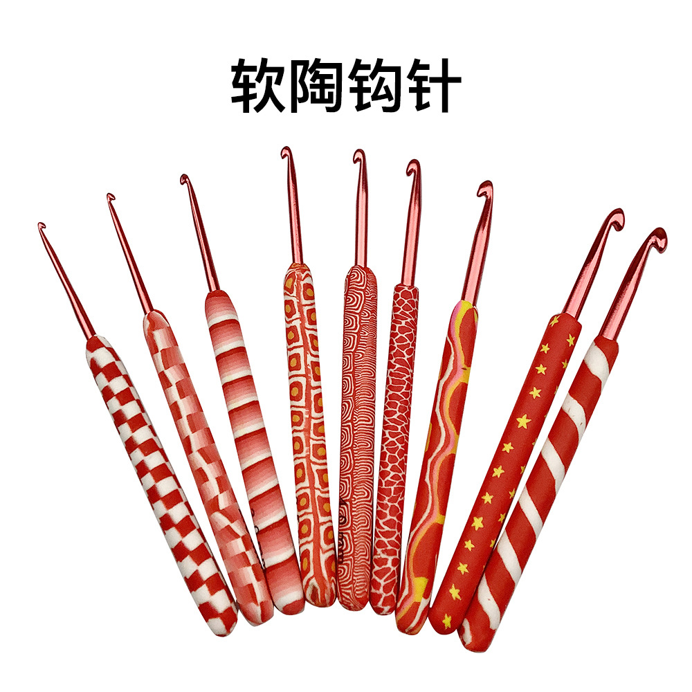 Herramientas de tejer aguja suéter largo rojo arcilla suave mango aluminio crochet conjunto 9 OPP bolsa embalaje