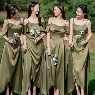 Sisters' Bridesmaid Dresses 2025 New Autumn Slimming Green Satin Evening Dress Women's Strap Elegant High-End Feel