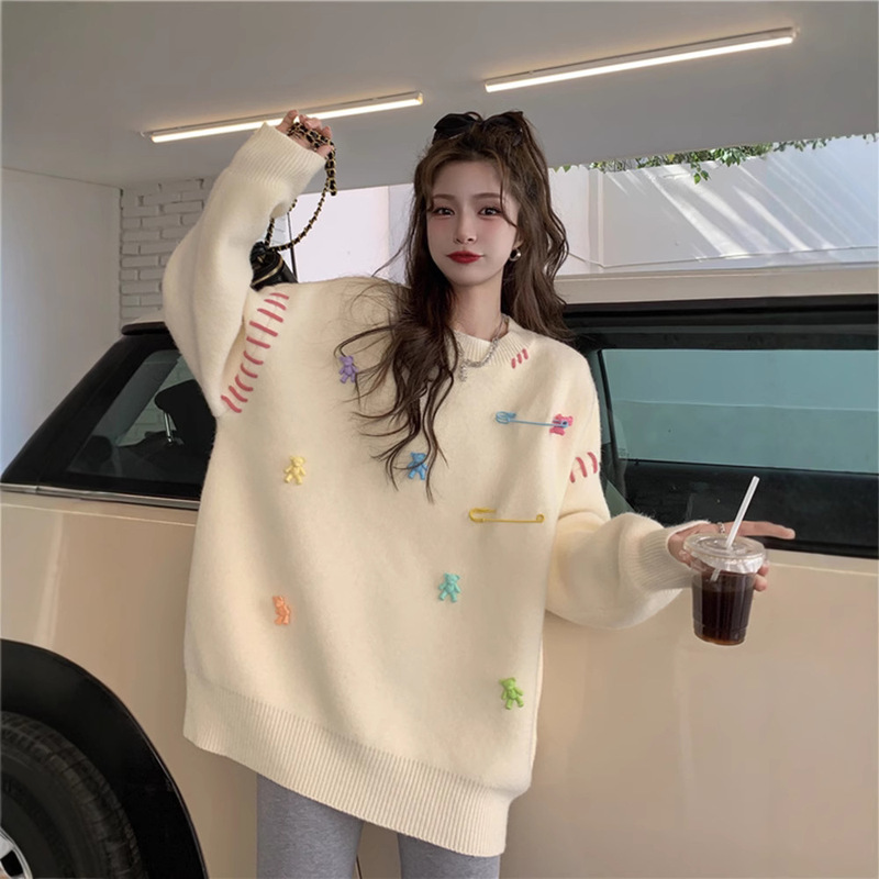 Korean Style Rope Pin Bear Large Size Sweater Women's Pullover Autumn and Winter New Soft and Waxy Lazy Style Loose Knitted Jacket Korean Style Rope Pin Bear Large Size Sweater Women's Pullover Autumn and Winter New Soft and Waxy Lazy Style Loose Knitted Jacket