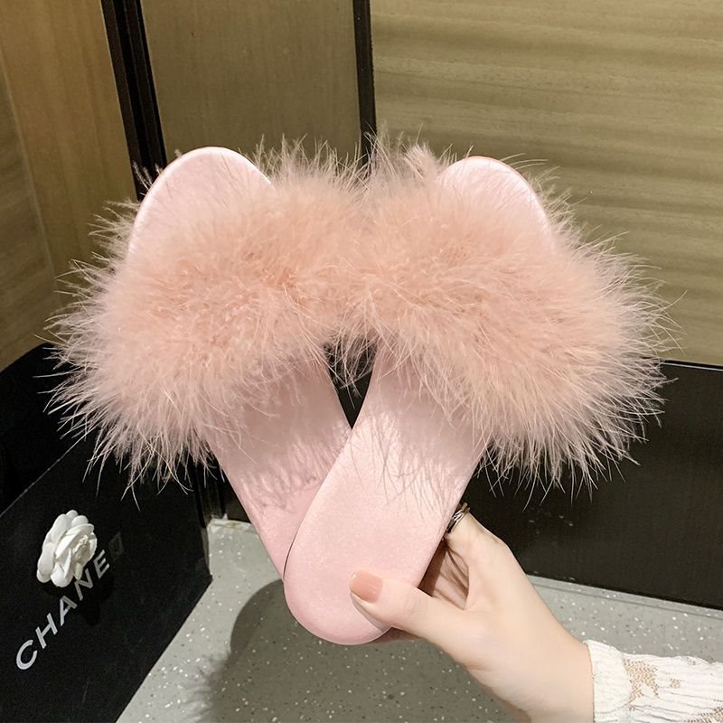 2026 Korean Version Summer New Flat Fur Slippers for Women, Fashionable Internet Celebrity Low-Heeled Sandals, Feather Slide Slippers