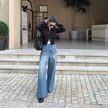25秋冬季新款复古俏皮无腰头设计感A字韩系宽松大阔腿裤牛仔裤女