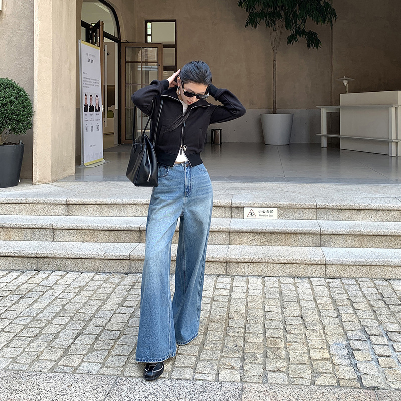 25 Autumn/Winter Waistless Design A-Line Korean Style Loose Wide-Leg Jeans for Women, Suitable for Petite Sizes