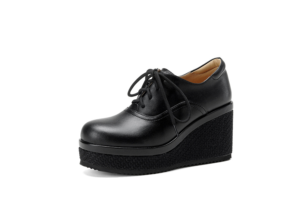 Giày loafer nữ đế xuồng platform da thật buộc dây, gót cao 9 cm — màu đen, màu trắng ngà chi tiết 22