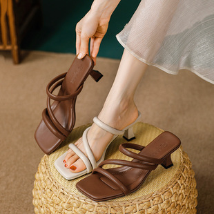 French Style Slippers Women's Outer Wear Fashion 2025 New Summer Square Head Thin Heel Fairy Style High Heel One-Heel Sandals