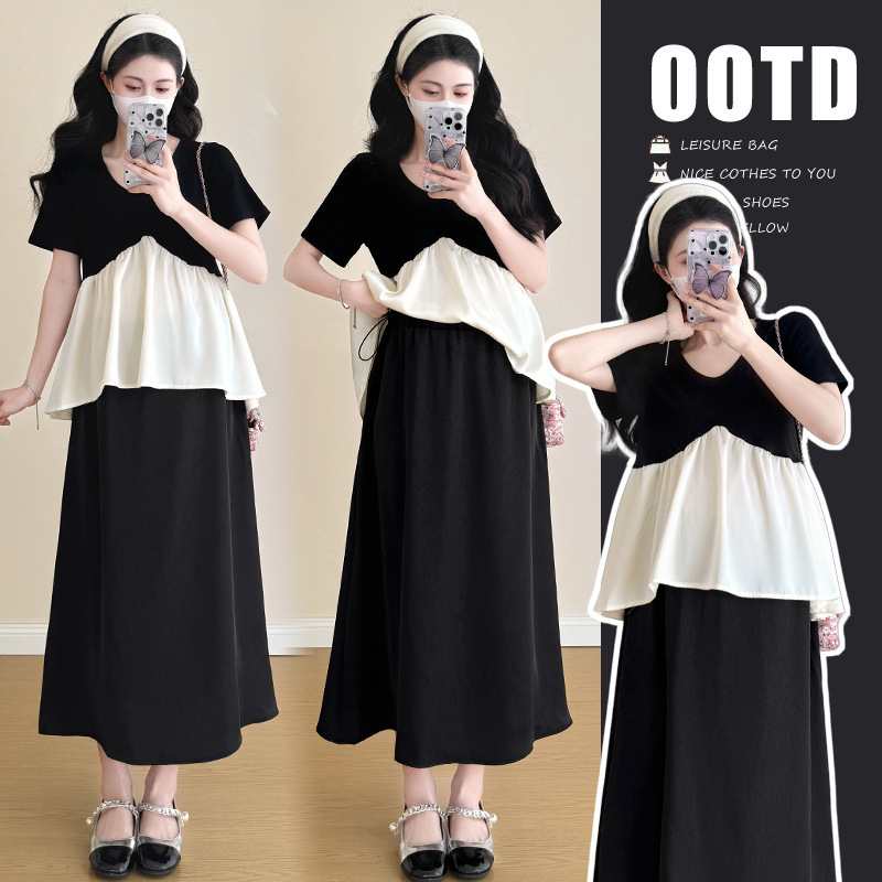 Pregnant Women's dress suit Summer 2025 New Short-sleeved Slim Shirt Top Women's Summer Skirt Two-piece Set