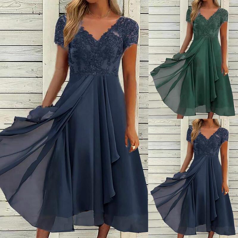 2023 Europe Station Cross-border Amazon Dress Chiffon Stitching V-Neck Lace Hollow-out Long Dress Bridesmaid Evening Dress