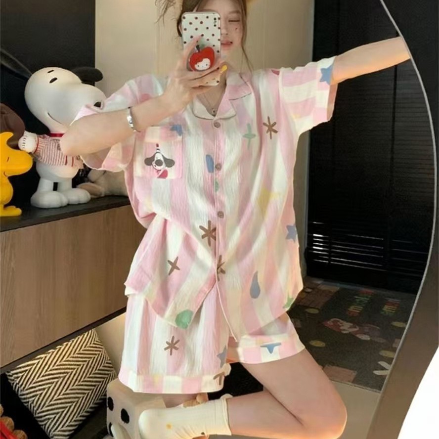 Nube de algodón pareja pijama de mujer verano nuevo pantalones cortos de manga corta impresos dos piezas de niñas vestidos para el hogar