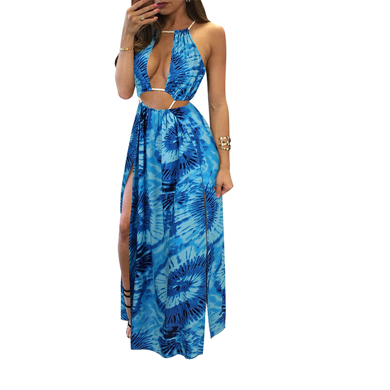 bohemian hanging neck lace-up flower split long dress NSYMA55309