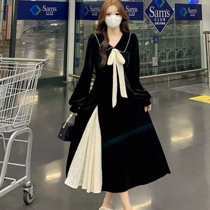 大码女装法式风蝴蝶结连衣裙秋冬娃娃领超大摆裙拼接撞色系带长裙