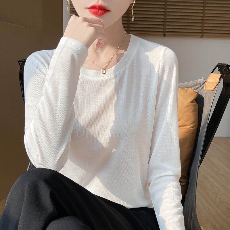 High-End Solid Color Round Neck Long-Sleeved T-Shirt for Women, Spring and Summer Thin, Breathable, Loose-Fitting Knitwear, Versatile Top