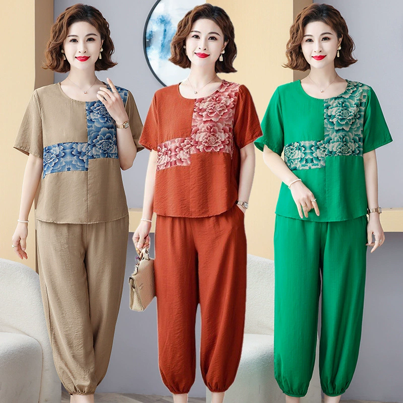 Летняя новая мода иностранная повседневная одежда с короткими рукавами летняя рубашка среднего и пожилого возраста футболка мама свободный набор из двух частей