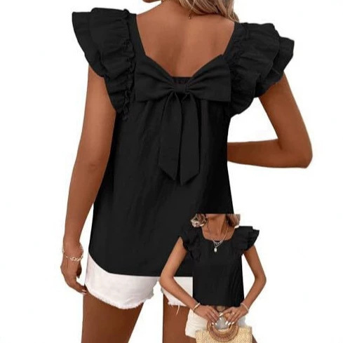 Amazon Women's Bow Tie Back Top, Round Neck Ruffled Short Sleeve Shirt, Cute Babydoll Blouse